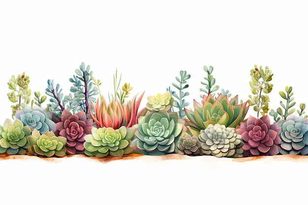 Arrangement of various types succulent flowering houseplants white background