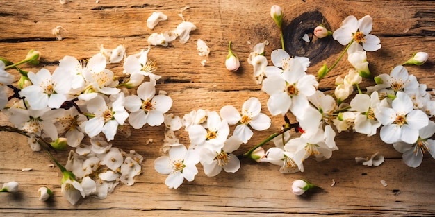 An arrangement of white flowers on a piece of white wood