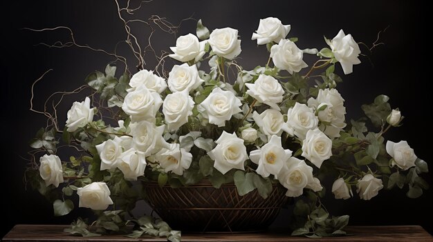 Arrangement of white roses isolated on black background