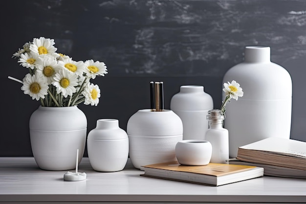 Arrangement of white vases and books