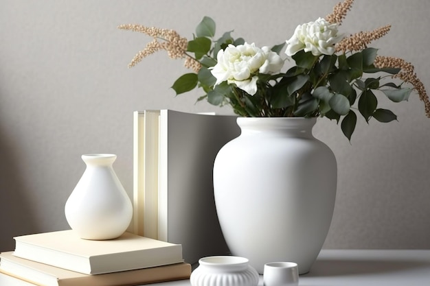 Arrangement of white vases and books