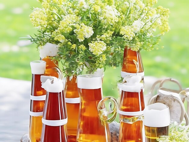 Arrangement with beer mugs and bottles generated by AI