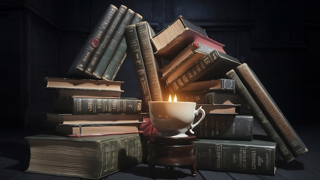 Arrangement with books cup and dark background