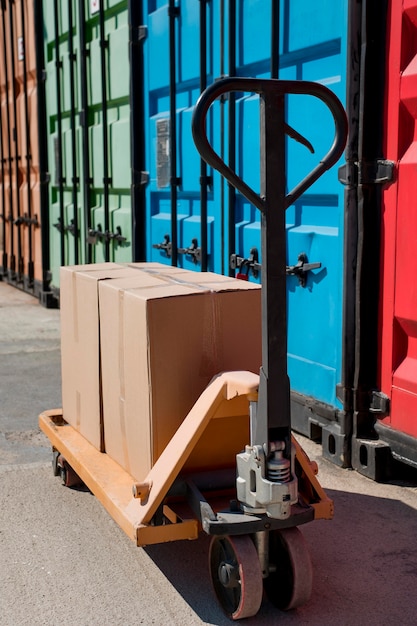 Arrangement with boxes on pallet truck