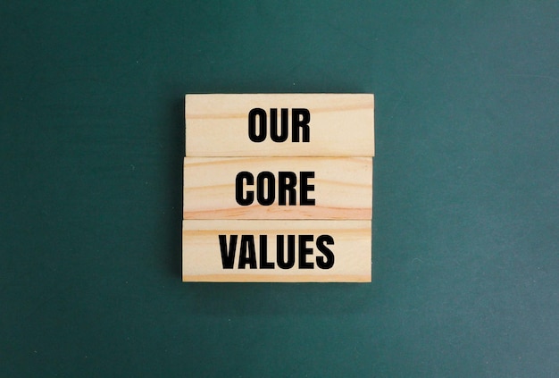 Photo arrangement of wood with the words our core values concept of value