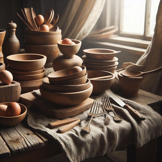 Arrangement of wooden dishes and cutlery