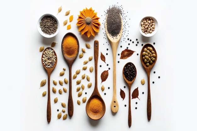 Arrangement of wooden spoons with various healthy seeds on a white background in a flat lay