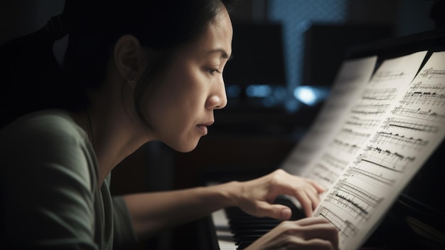 Arrangeur Vrouw Aziatisch Middelbare leeftijd Muzikale composities maken en arrangeren voor verschillende ensembles in oefenruimte Generatieve AI AIG22