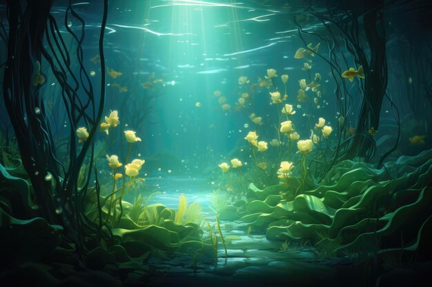 An array of aquatic plants swirling underwater AI generated