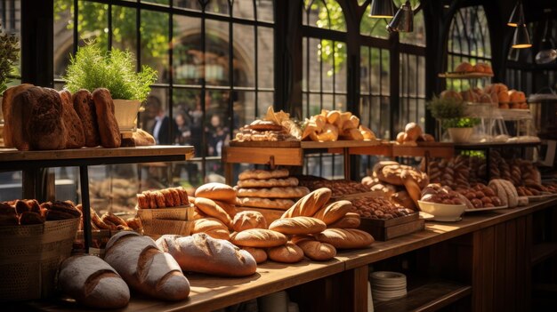 Array of assorted breads and pastries artfully displayed in a charming bakery setting