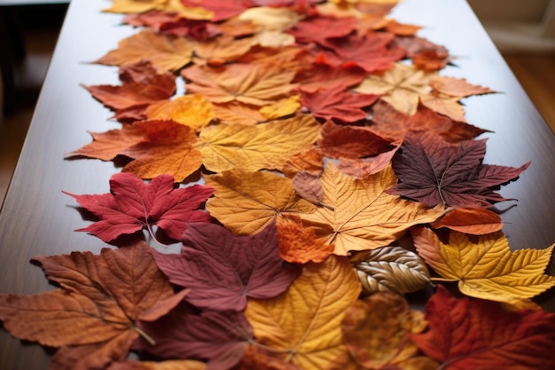 An array of autumn leaves forming a patterned table runner