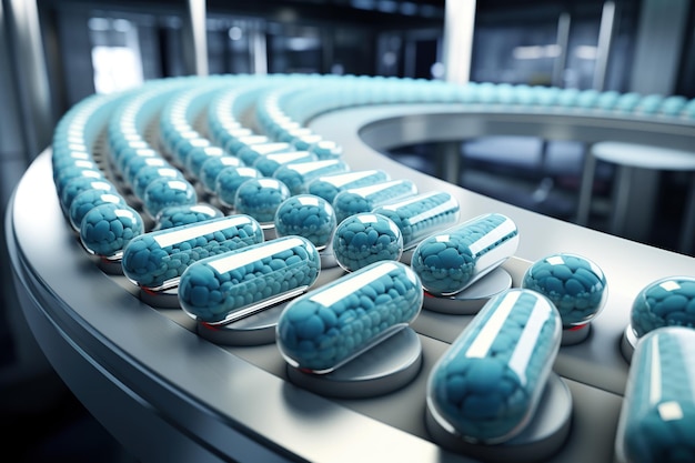 An array of blue and white capsule pills is shown on a conveyor belt depicting the mass production process in a pharmaceutical plant