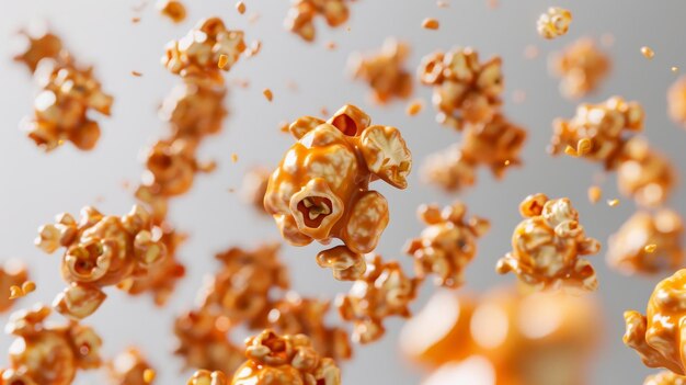 An array of caramel popcorn in varying shades d style isolated flying objects memphis style d render AI generated illustration