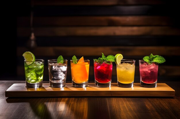 Photo array of cocktail shots on wooden surface