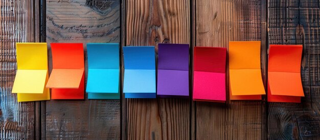 Photo array of colored paper on wooden wall