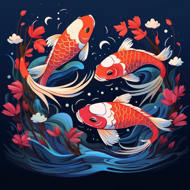 An array of colorful koi fish swimming in a tranquil pond