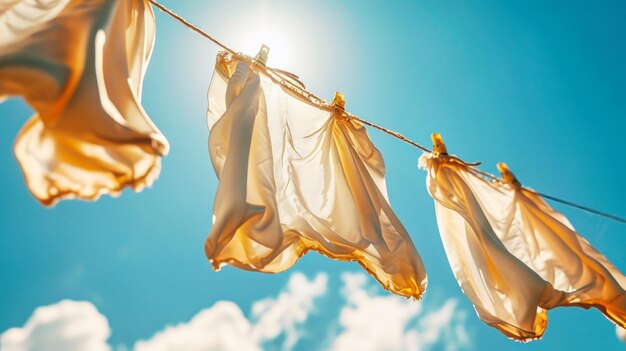 An array of colorful linens and laundry swaying in the breeze on a clothesline in a sunny day