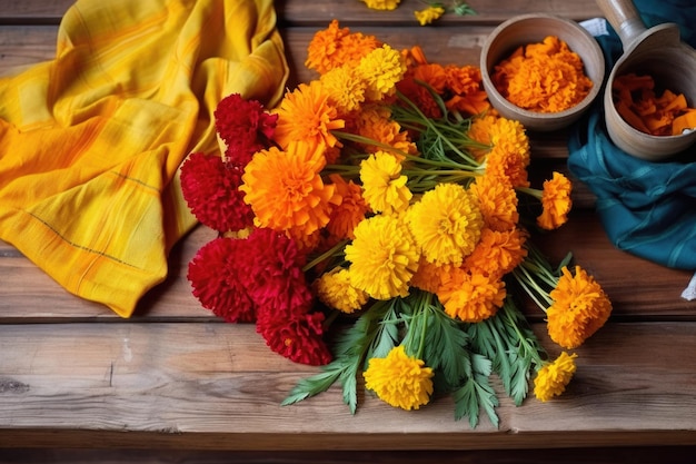 Array of colorful marigold flowers on a wooden table