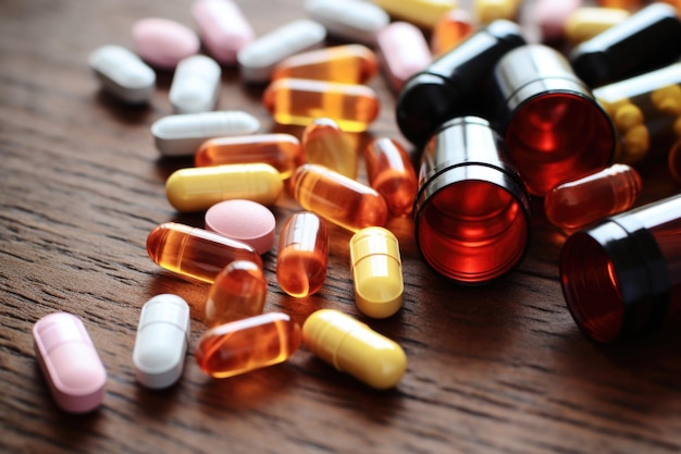 An array of colorful medicine capsules scattered on a table