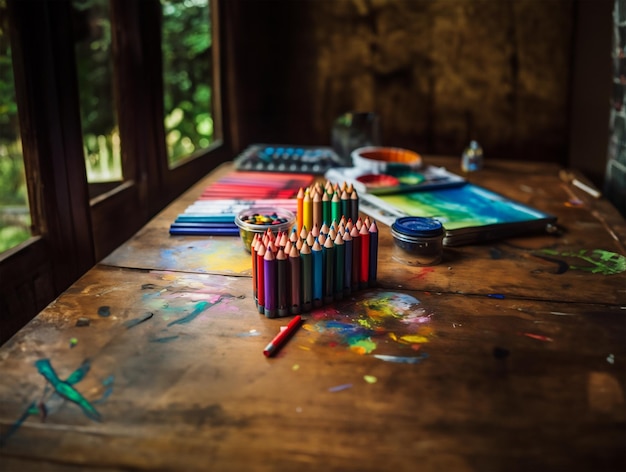 Photo an array of crayons and watercolor palettes on a wooden desk symbolizing the artistry of school pro