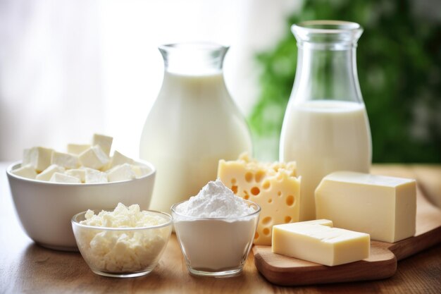 An array of dairy substitute products on a kitchen counter