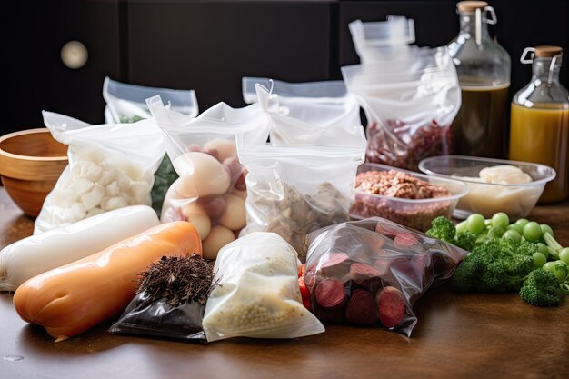 An array of different ingredients ready to be slowcooked in sousvide bags created with generative ai