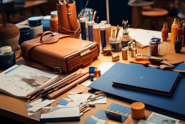 an array of elegant leather office products lying on a dark surface in the style of dark azure and beige