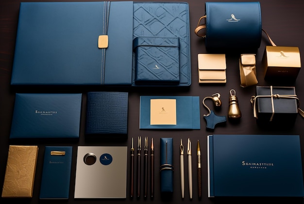 Foto una serie di eleganti prodotti per l'ufficio in pelle posati su una superficie scura nello stile azzurro scuro e beige