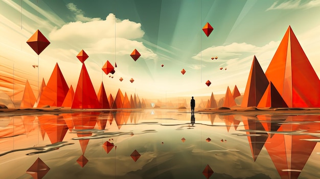 An array of floating pyramids casting elongated shadows on an abstract plane