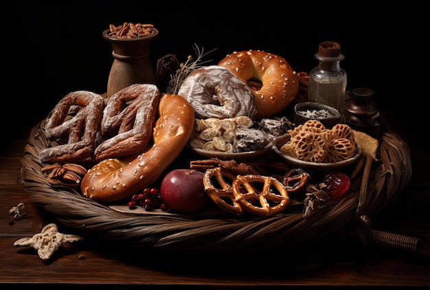 an array of food such as pretzels and rye bread in a wooden plate in the style of dark beige
