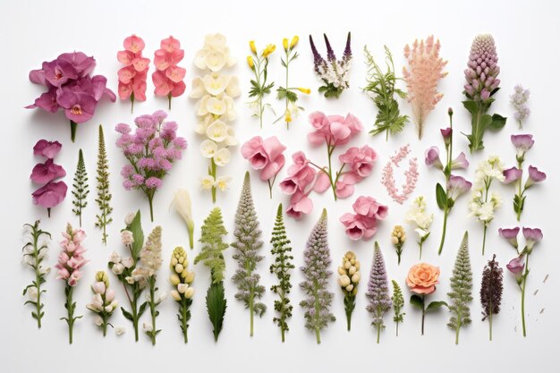 A Array of Garden Flowers and Leaves in a TopDown View with Soft Pastel Tones on a White Background