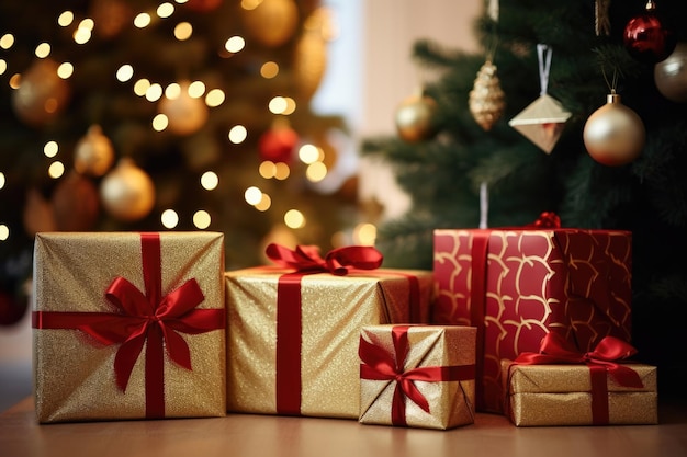 크리스마스 트리 아래 다양한 크기의 선물 상자 배열