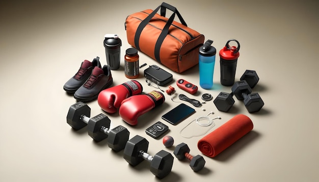 An array of gym gear featuring boxing gloves dumbbells kettlebell gym bag water bottles earphon