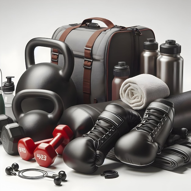 Photo an array of gym gear featuring boxing gloves dumbbells kettlebell gym bag water bottles earphon