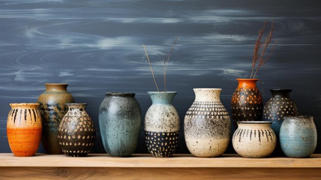 Array of handmade pottery pieces with background space