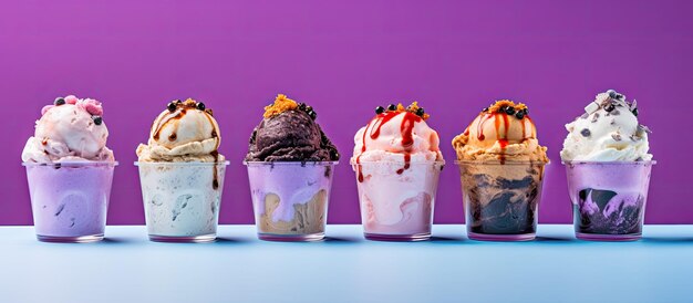 An array of ice cream and gelato flavors set against a purple backdrop with room for text The