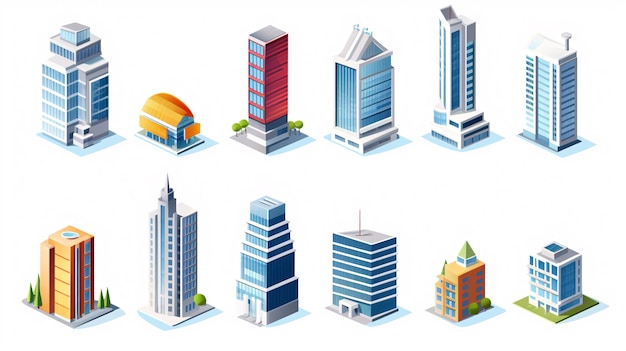 An array of isometric skyscraper buildings representing a variety of business offices and commercial towers