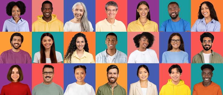 Photo an array of joyful individuals from diverse backgrounds each wearing different colors