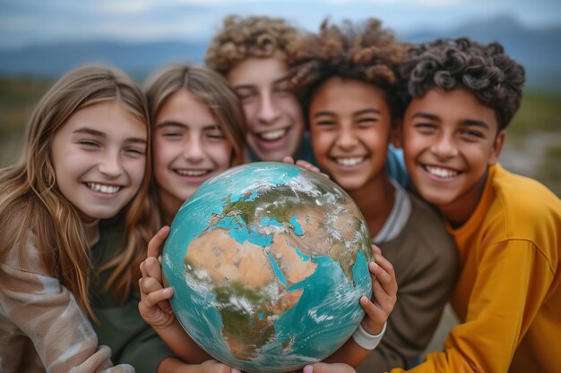 Photo an array of juveniles holding a world globe over a naturally white backdrop space generative ai