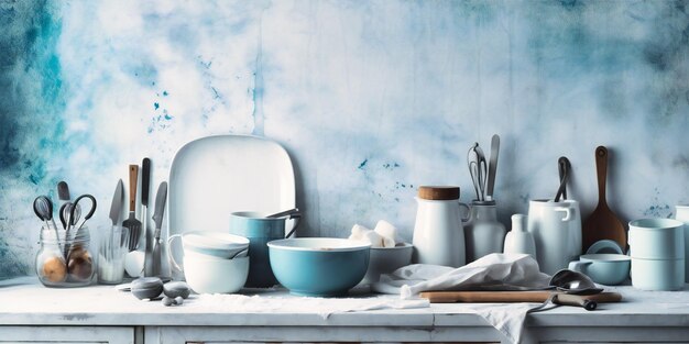 An array of kitchen tools on a stone countertop