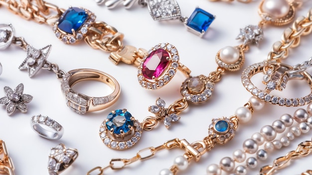 An array of luxurious jewelry showcasing gold pearls and gemstones