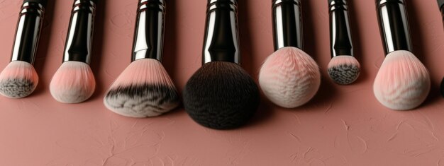 Array of Makeup Brushes on Pink Surface