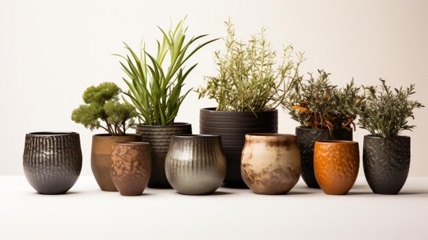 An Array of Metallic Garden Pots on white background