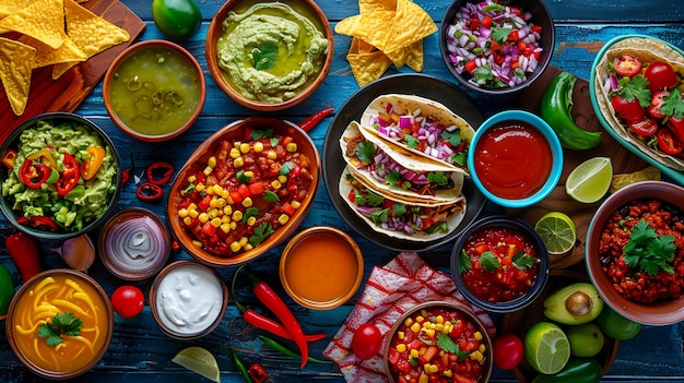 Array Of Mexican Cuisine with Tacos Guacamole and Salsa Top View Cinco de Mayo AI Generated