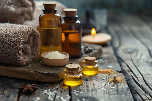 写真 array of spa products on a wooden surface