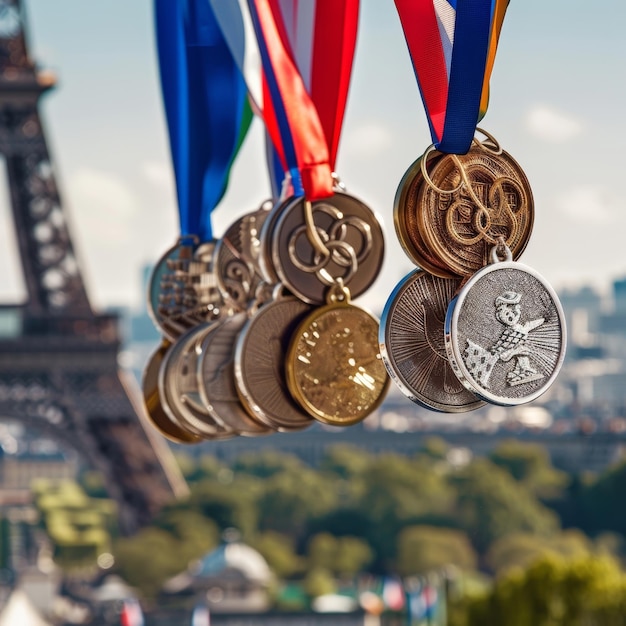 На фоне Эйфелевой башни выставлен ряд престижных медалей, символизирующих спортивный триумф в Париже