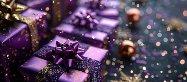 Array of Purple Wrapped Presents on Table