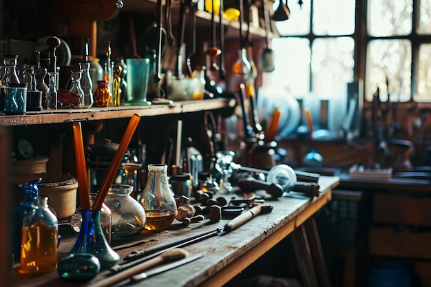 Photo array of specialized tools used in glassblowing artistry