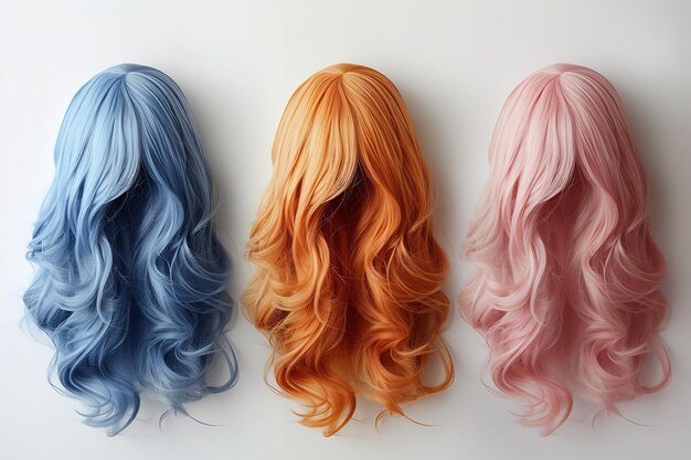 An array of three wigs on a white setting any with an unique hue of hair and space Generative AI