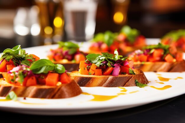 An array of vibrant bruschetta with pickled carrots